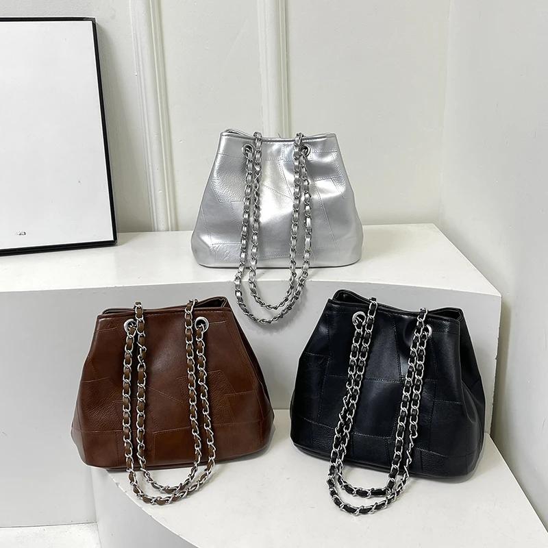 Pequenas bolsas de ombro de couro emendado para mulheres 2024 inverno Y2K tendência da moda coreana bolsa feminina bolsa de balde bolsas femininas e bolsas