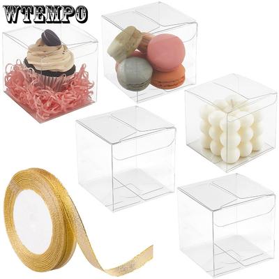 15 piezas Cajas de plástico PET transparente para recuerdos de fiesta con cinta dorada Cajas cúbicas transparentes para golosinas Cajas de embalaje para regalos Contenedores plegables impermeables para regalos