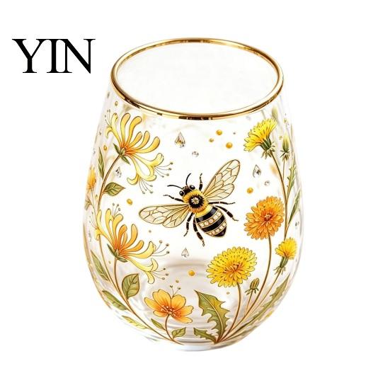 Liberty Bell Themed Glass Cup, Egg Shape Clear Lead-Free Crystal Enamel Painted Golden Rim Large Capacity Wine Vintage Drinking Tumbler, Glassware for