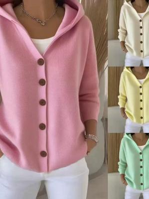 2025 European & American Women's Button Knit Hooded Cardigan - Autumn/Winter Solid Color Casual Fashion