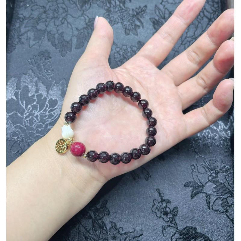 Handmade Natural Garnet 8mm Beaded Bracelet With Shell Flower Cinnabar Fortune Charm Boho Chic Womens Jewelry