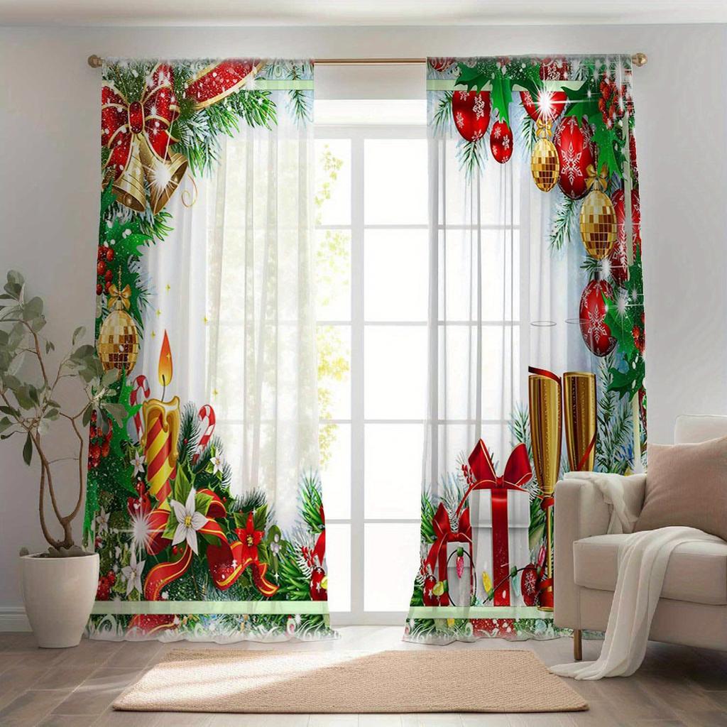 Glam Christmas Curtains Semi-Sheer Polyester Rod Pocket Drapes with Festive Holiday Print for Living Room Bedroom Window Decor
