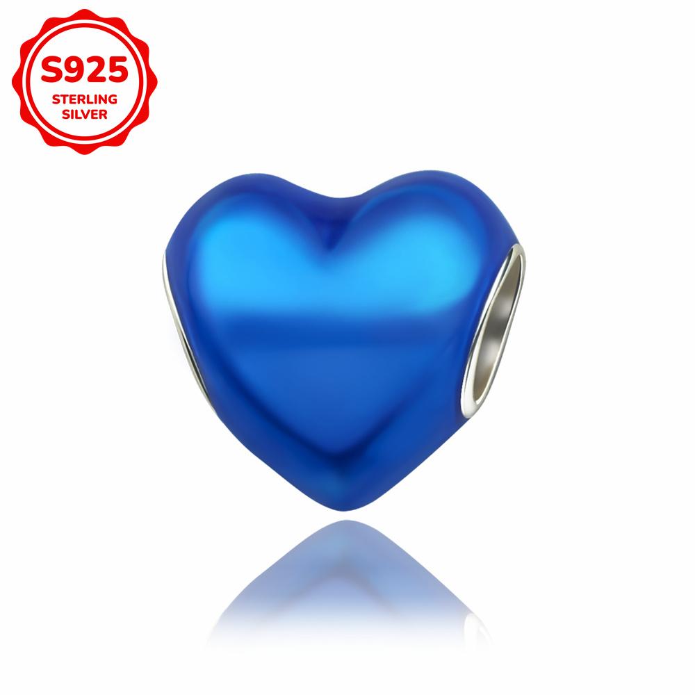 New 925 Silver Colorful Shine Heart Shaped Charms Beads Fit Snake Chain Bracelet Necklace Women DIY Fine Jewelry Gifts