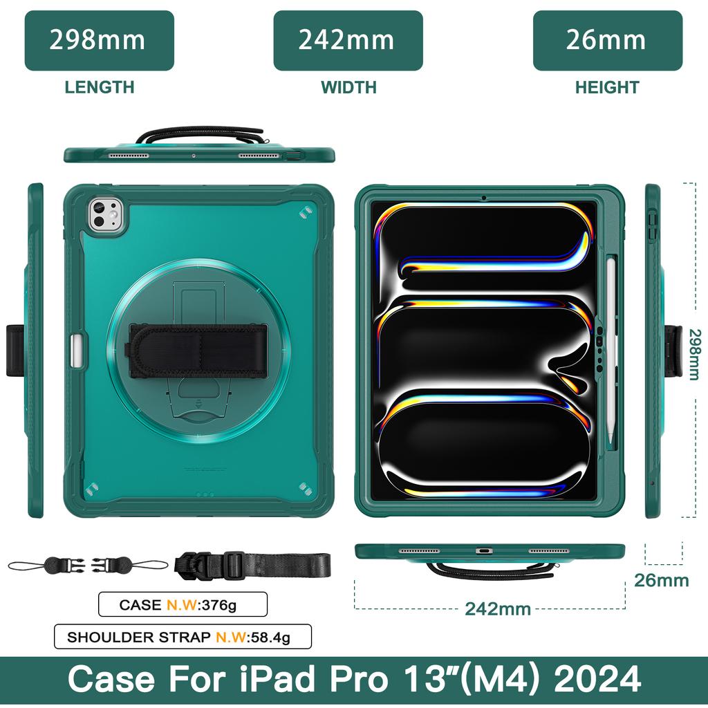 For iPad Pro 13 (2025)/(2024) Case Hand Strap Kickstand PC+TPU+Silicone Cover with Shoulder Strap