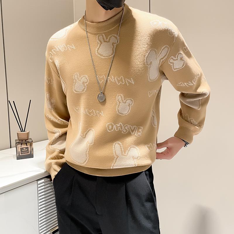 Pletený podzimní zimní svetr Pánský jarní a podzimní Korejský Nový kulatý výstřih Volný top Šik Hong Kongský styl Trendy