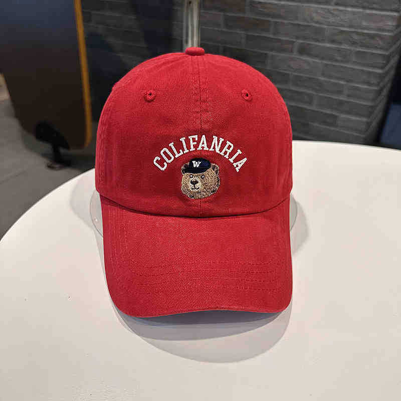 Women's Baseball Cap for Spring and Summer, Korean Style, Casual, with Bear Head and Letter Embroidery, Pure Cotton, Curved Brim, Denim Blue