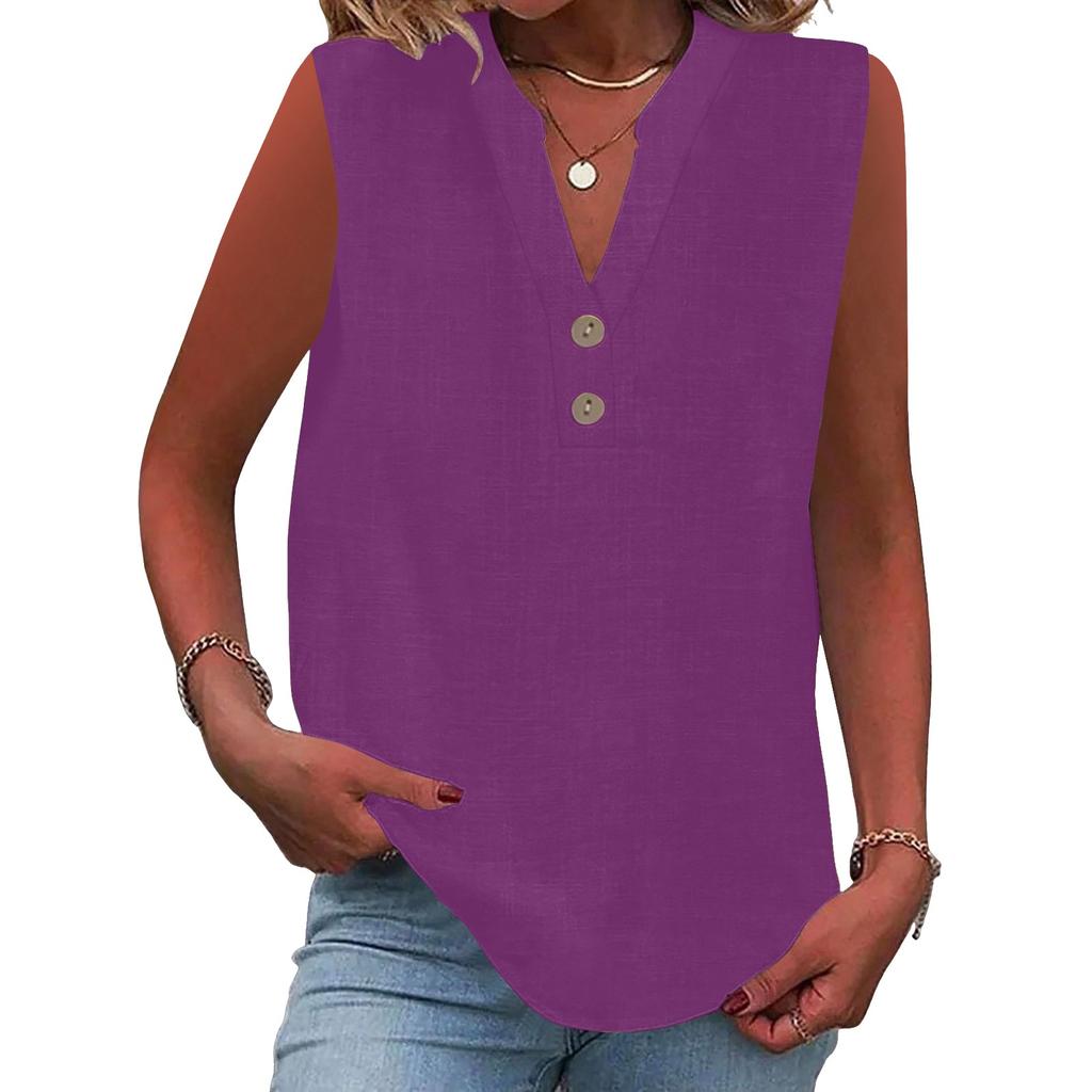 Women's Fashion Loose Standing Collar Button Cotton T-Shirt Solid Color Sleeveless Top