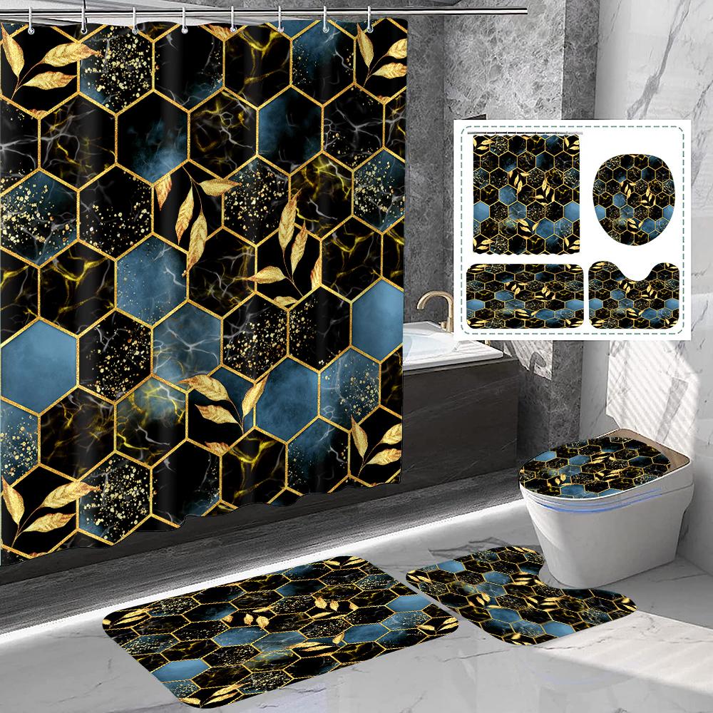 

Brown Honeycomb Gradient Plaid Shower Curtain Bathroom Floor Mat 4pcs Advanced Shower Curtain Decorative with Plastic Hook