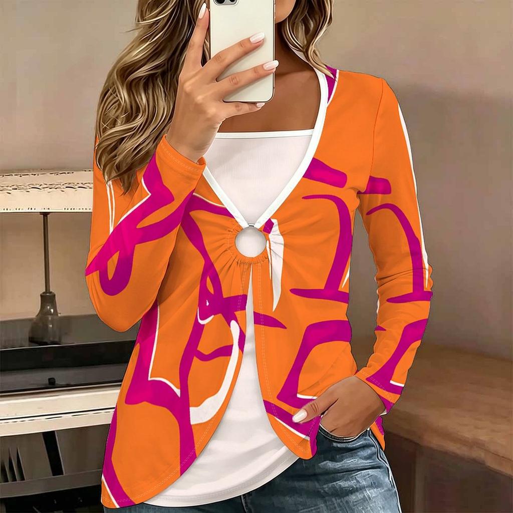 Tops for Women Geometric Print Long Sleeve Fake Two‑Piece Top Fall Casual Slim Pullover Women's Long Sleeve Top