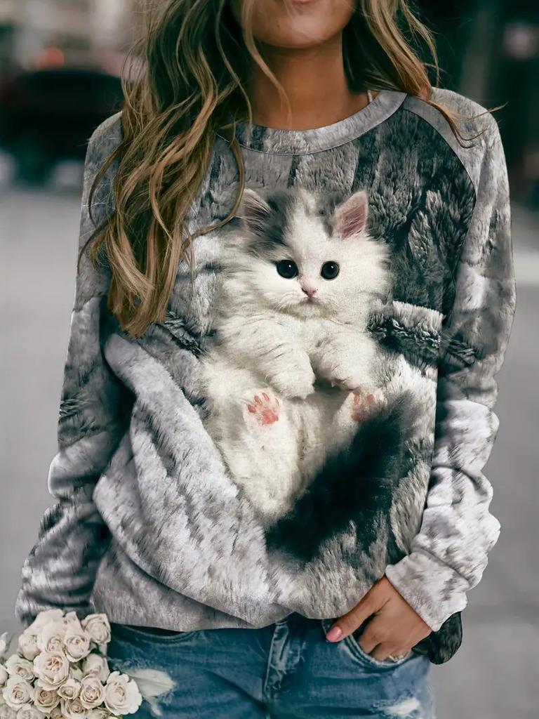 Bestselgende Søt 3D-Printet Realistisk Og Brå Katt Langermet Hettegenser Fasjonabel Rund Hals GenserWA2