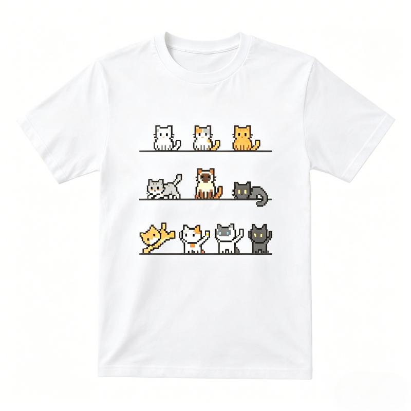 Retro Pixel Cats Collection Graphic T Shirt Unisex Women Casual Short Sleeve Cotton Oneck Tees Cute Kitten Lover Casual Tops