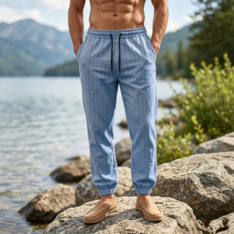 Men's Casual Striped Linen Pants Loose Fit Straight Leg Long Trousers Sporty American Style Men's Wear Breathable Casual Sports Trousers