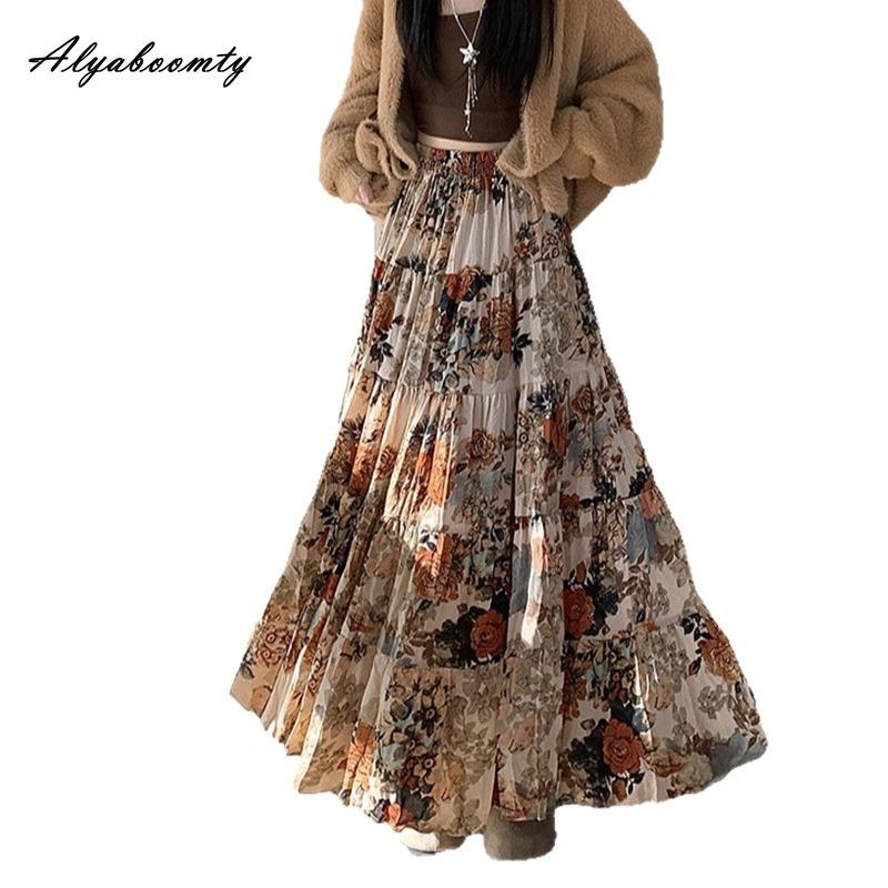 Autumn Spring Women Pleated Midi Skirt Elastic Waist Contrast Color Floral Print Elegant Skirt Feminine Vintage Maxi Long Ladies' Skirt