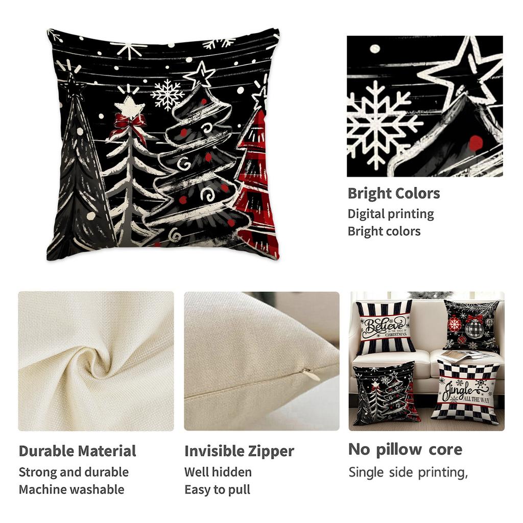 1/4Pcs Black Christmas Pillowcases, Bow Christmas Balls, Christmas Tree Print Design Cushion Covers, Christmas Decorations