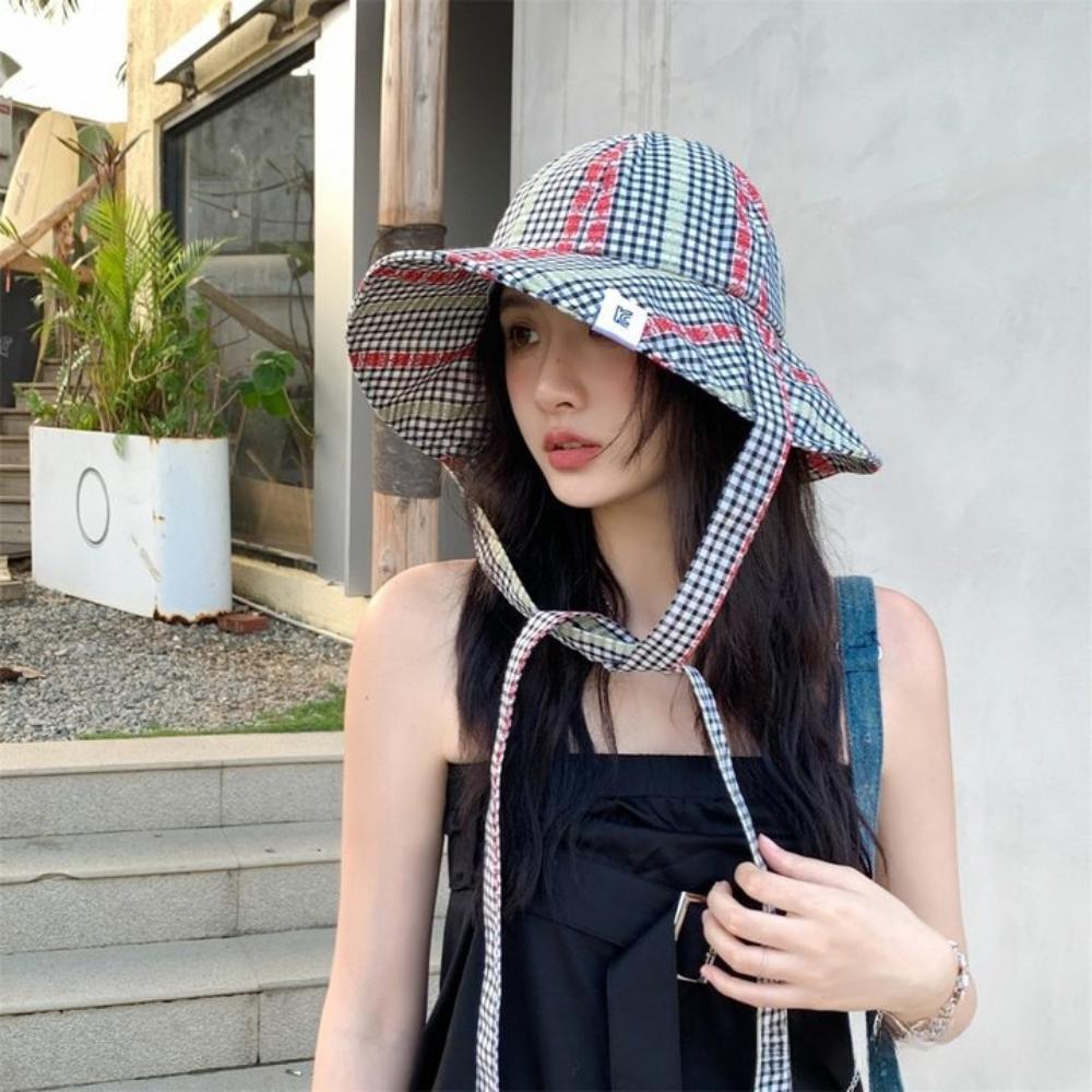 UV Protection Strappy Sun Hat Quick-dry Plaid Bucket Cap Fashion Seaside Fisherman Hat  Beach