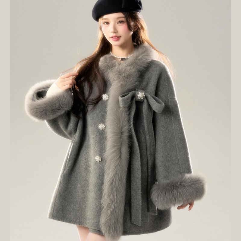 Höst och Vinter Ny Dam Söt Stil Förtjockad Varm Ullkappa med Ullkrage