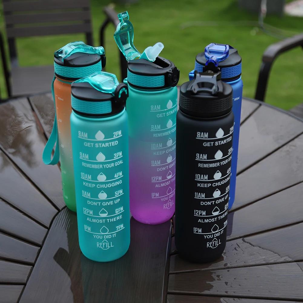 Taza esmerilada de plástico de 1000ml, botella de agua con pajita a prueba de fugas, taza portátil a de tiempo  para Fitness y