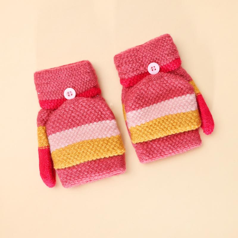 Gestreifte gestrickte doppellagige verdickte warme Halbfinger-Kindergarten-Jungen- und Mädchen-Winterkälte-Kinder-Klapphandschuhe