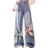 Retro gothic geblokte patchwork damesjeans met strik en losse band Y2k streetwear wijde pijpen broek