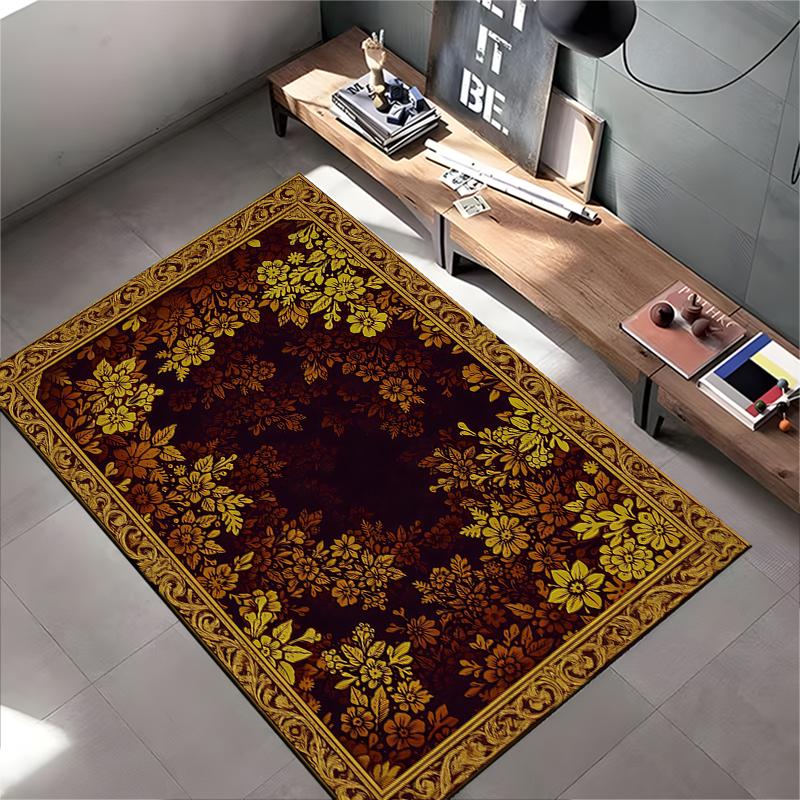Floral Pattern Carpet with Golden Yellow Border, Vintage Style Rug Suitable for Use As an Anti-slip for Living Room Bedroom Sofas