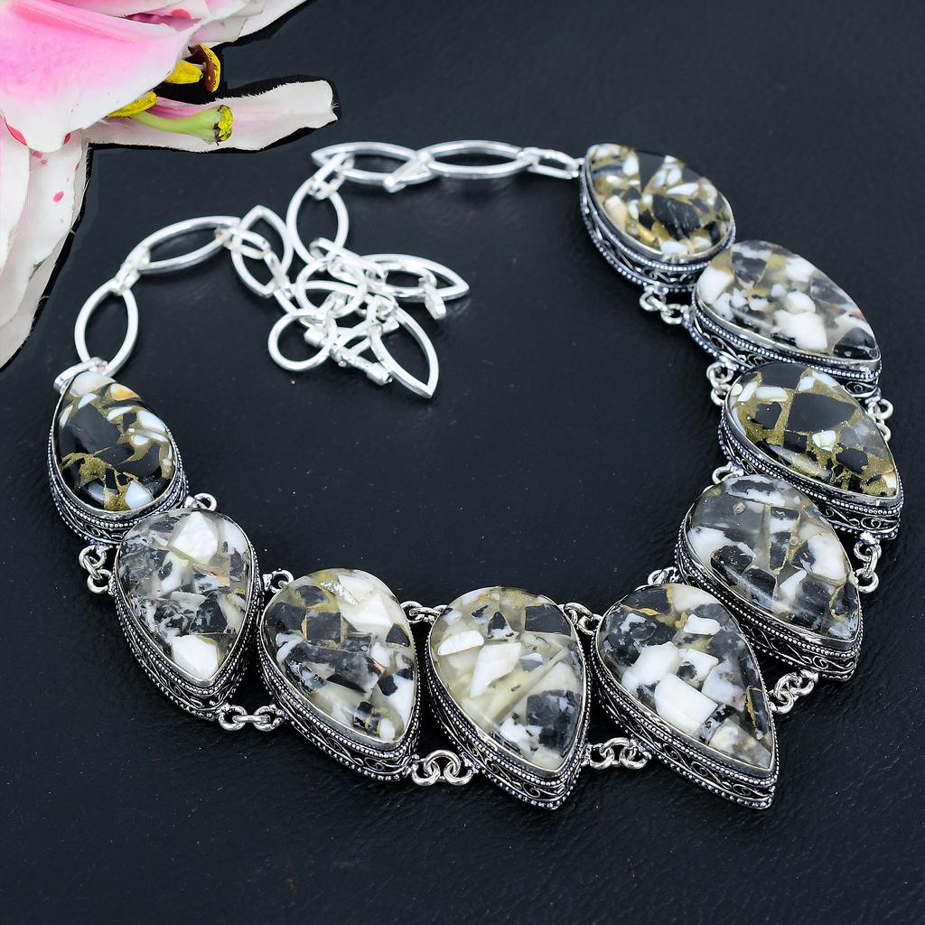 Zebra Jasper Gemstone Handmade 925 Sterling Silver Jewelry Necklace 18" KG-1637