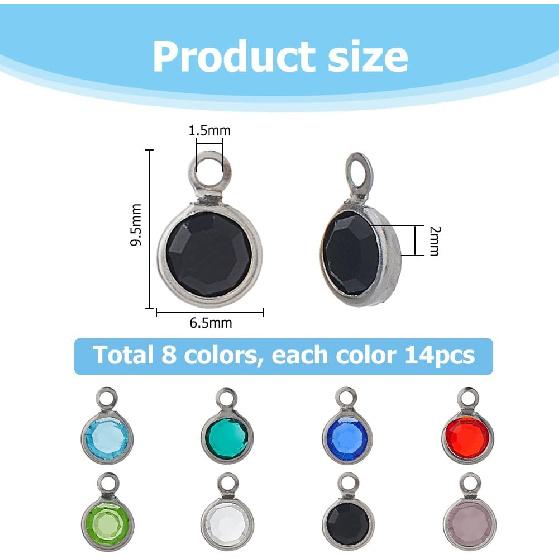 112pcs Crystal Birthstone Pendants 8 Colors Round Glass Rhinestone Charms Stainless Steel Crystal Charms with Jump Rings for Jewelry Necklace