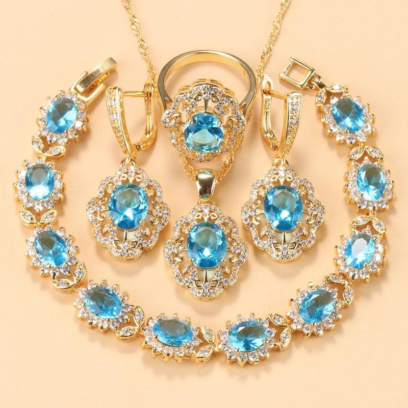 Morrocan Jewelry Sets  Gold Plated 12-Colors Zirconia Earring Necklace And Bracelet Ring For Women Fashion Accessories