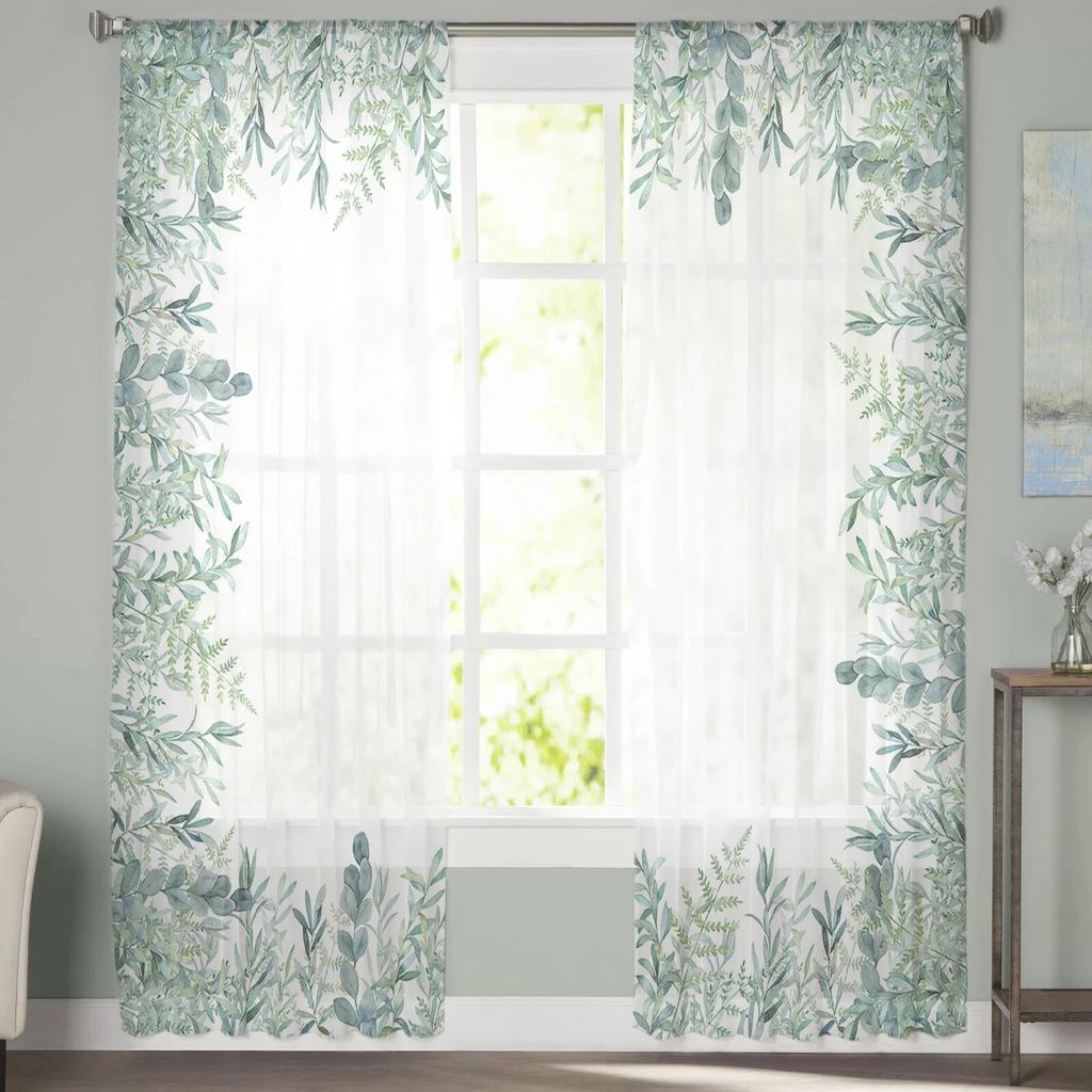 Aquarell-Eukalyptus-Blätter, abstrakte Fenstervorhänge, transparenter Chiffon-Tüll-Vorhang für Zuhause, Wohnzimmer, Hintergrunddekoration
