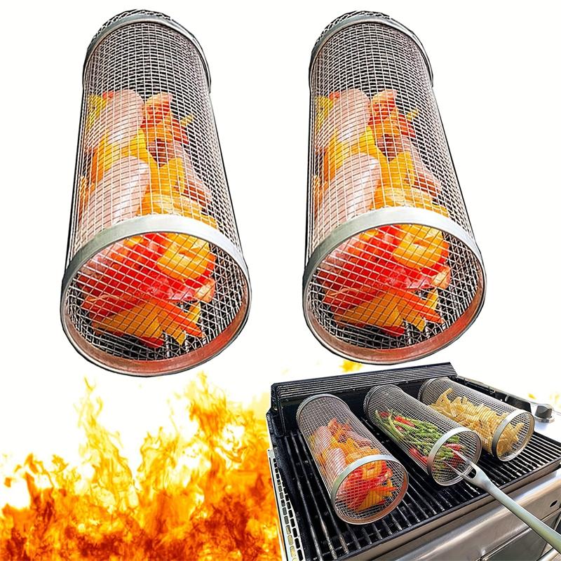 BBQ Rolling Grill Basket Stainless Steel Wire Mesh Barbecue Rack with HooK Portable Outdoor Camping Picnic Cookware Cooking Tool