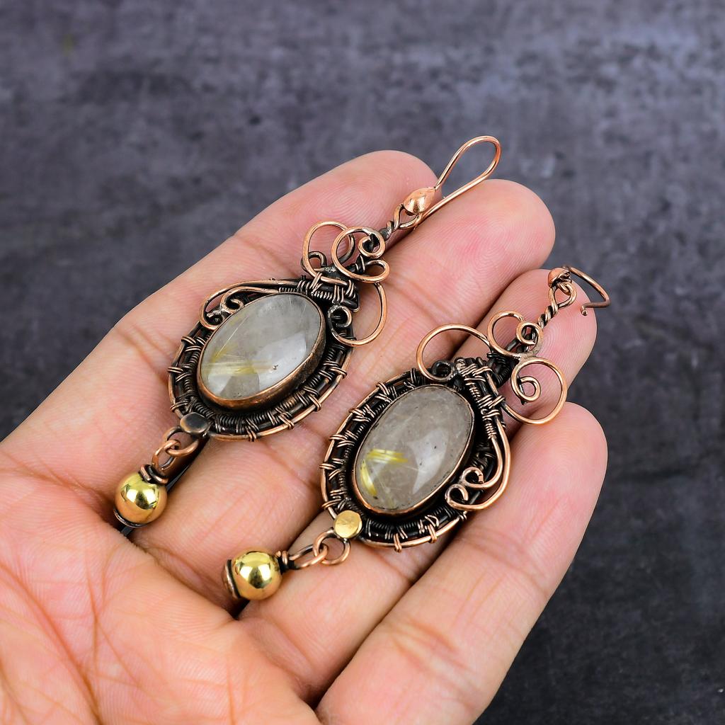 Golden Rutile Handmade Copper Wire Wrap Jewelry Earring 3.31" u5C87