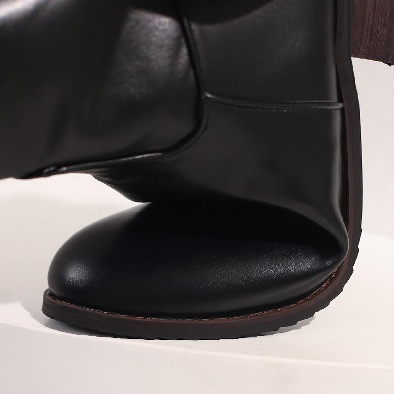 Vintage Knee High Boots Women Black PU Leather Low Heels Buckle Riding Boot Female Winter Shoes Ladies Large Size 48 Brand