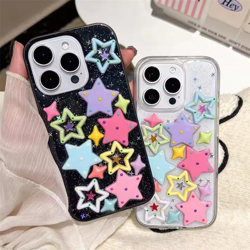 Glitter Bling 3D Dopamine Stars Protection Case For iPhone17 Air 16 E 15 14 13 12 11 Pro Max Plus X XR 7/8 SE Lovely Epoxy Transparent Acrylic Cover