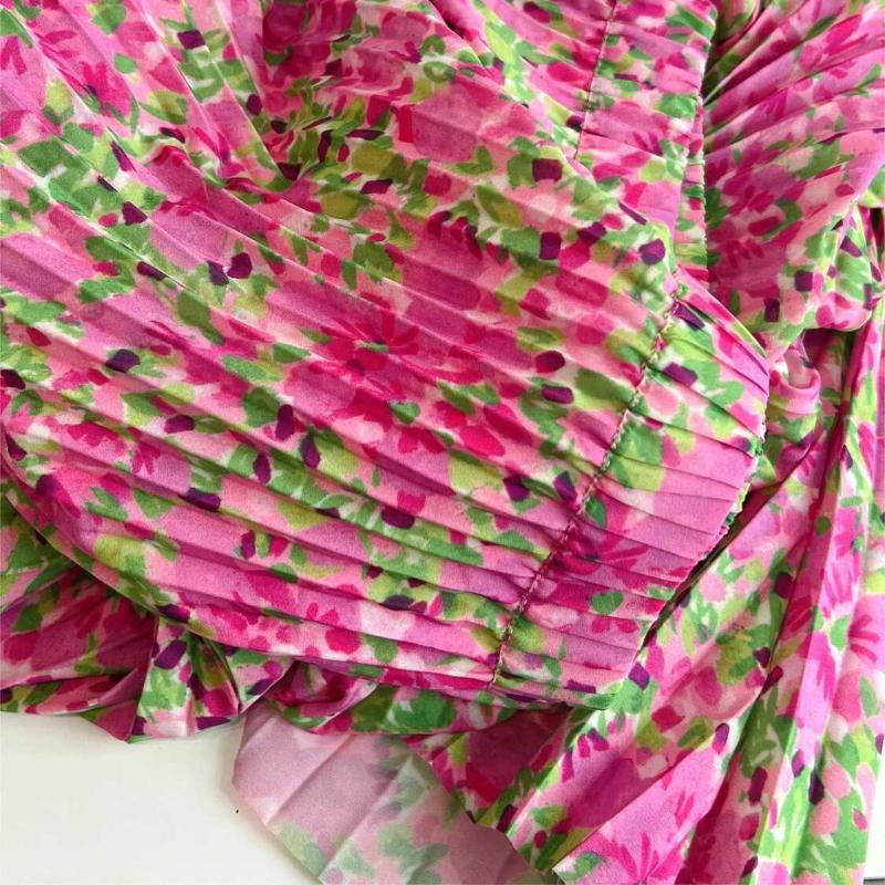 Women's Summer Sweet Peach Pink Midi Skirt - Flowy Smooth Floral Pleated A-Line Skirt with Elastic High Waist