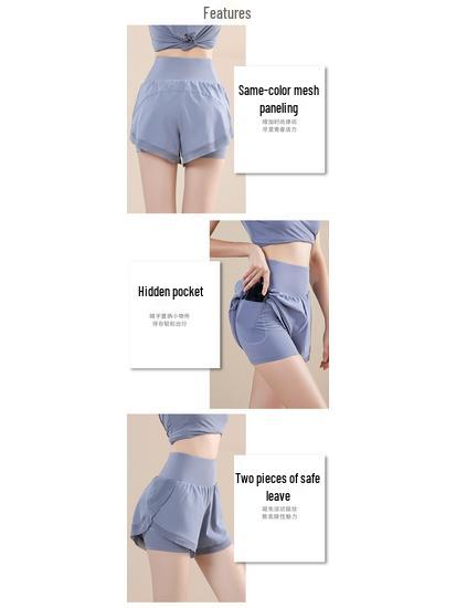 Damesportsshorts med høy midje, hurtigtørkende, to-i-ett - Casual, løstsittende yogabukser