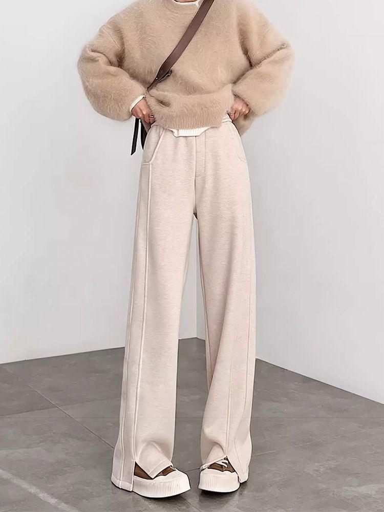 Women's High-Waisted Woolen Herringbone Wide-Leg Pants with Velvet, Split, and Flannel Details for Autumn/Winter