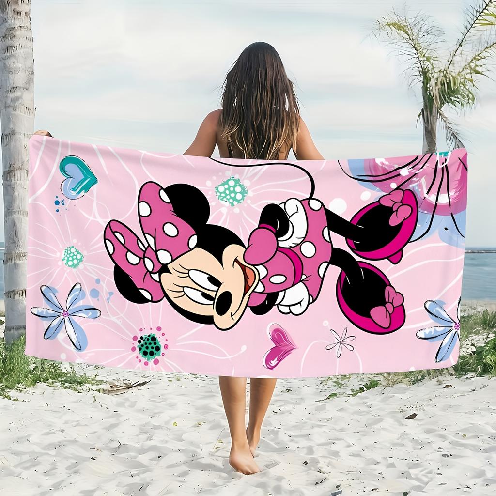 1pc Minnie Mouse Beach Towel - Polyester 2D Print Pink Polka Dot & Floral Design, Quick-Dry & Lightweight for Swimming,