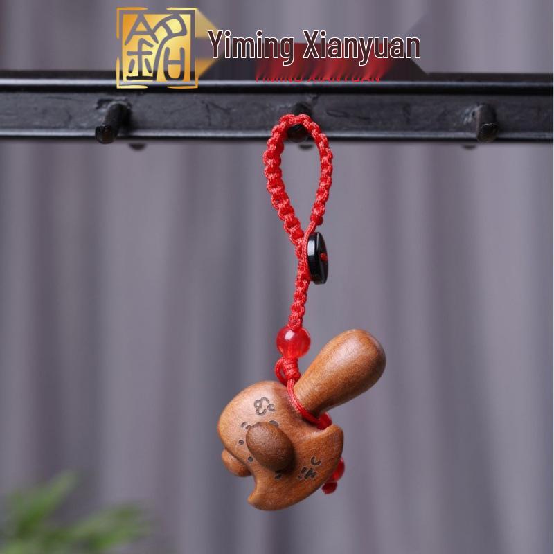 Peach Wood Carved Sword Axe Pendant Keychain