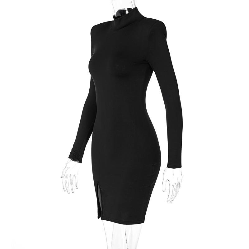 Street Shoulder Padded Slim Slit Party Sexy Dress Women Autumn Long Sleeve High Neck Temperament Casual Dresses Women Elegant Black Short Dress 25826