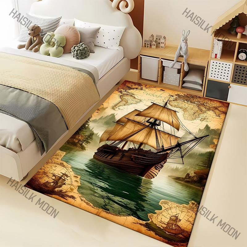 Multi-Size Retro Nautical Chart Pattern Carpet for Living Room Bedroom Sofa Home Decor Non-slip Floor Mat Play  Area Rug