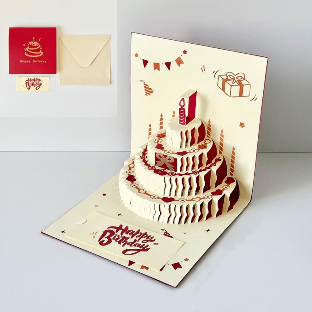 

Four-Layer Cake Pop-Up Greeting Card Surprise Gift Folding Birthday Cake Card Elders Gift червоний