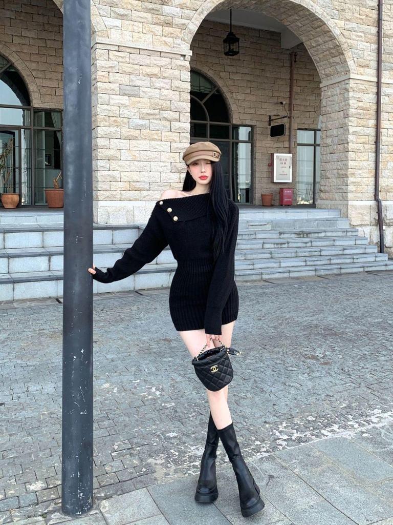 Slim-Fit One-Shoulder Knitted Dress: Sexy, Waist-Cinching, Long-Sleeved, Irregular Hem, Short Skirt for Women’s Autumn Style