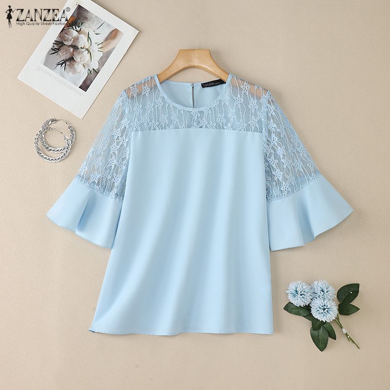 ZANZEA Women Lace Splice Half Sleeve Loose Casual Blouse