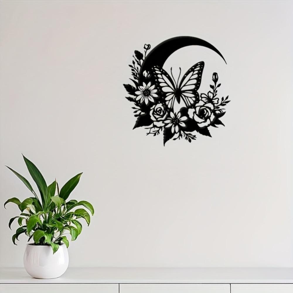 Metal Wall Art Crescent Moon Flowers Leaves Black Nature Design Home Decor Gift