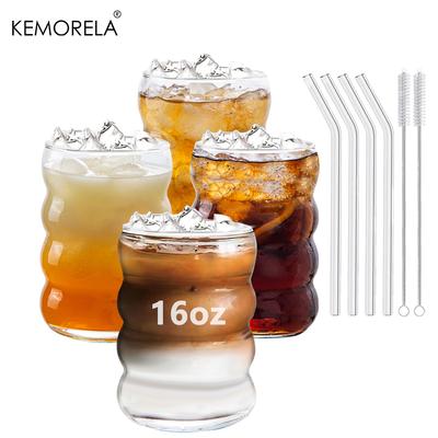 16OZ Drinking Glasses With Glass Straw Made Of Soda Lime Glass 4pcs Set 350ML Shaped Glass Cups Iced Coffee Glasses Tumbler Cup