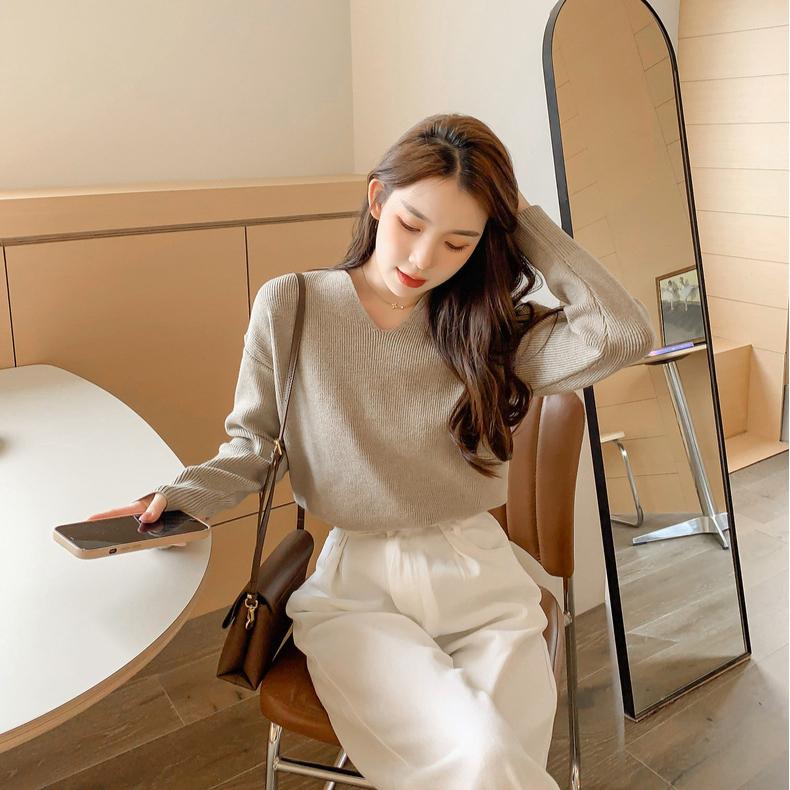 Svetr s výstřihem do V jednobarevný pro ženy s dlouhým rukávem s volnou pleteninou uvnitř pulovr ležérní tenký podzimní a zimní svetr