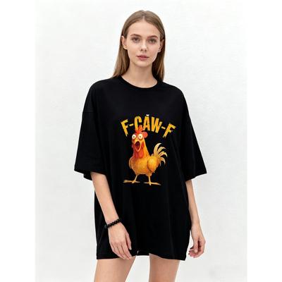 T-shirt Oversize Nera F Caw F Stampa Gallo Abbigliamento Casual da Donna Moda Estiva Streetwear Top Statement