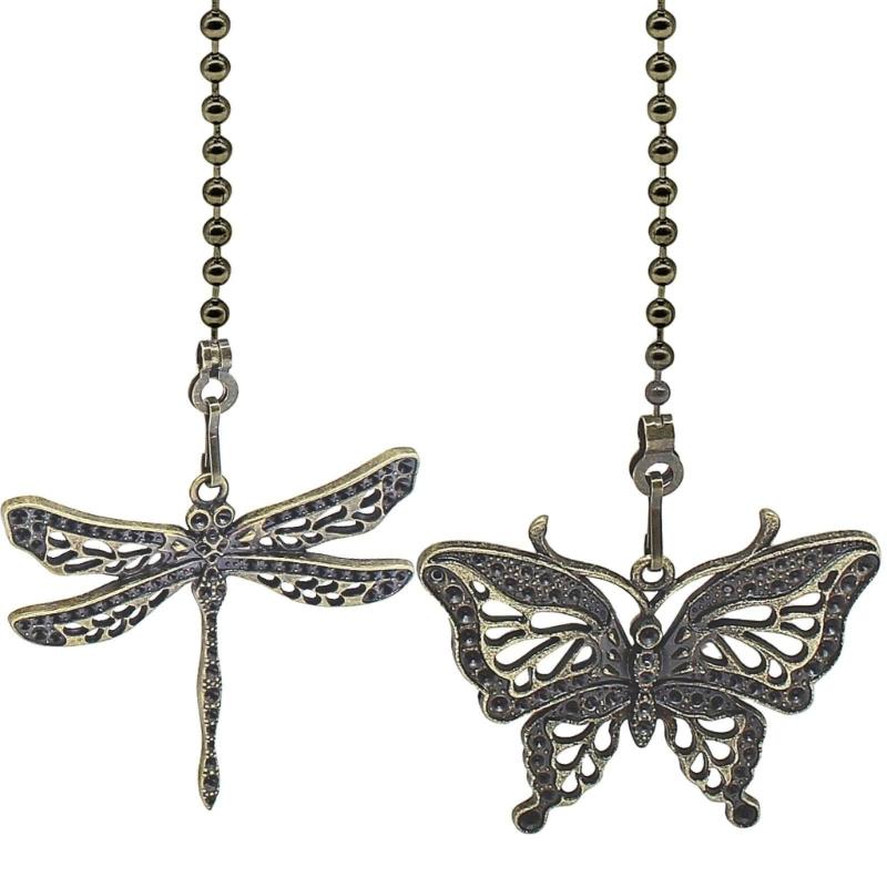 Decorative Ceiling Fan Pull Chains Set Of 2 With Dragonflies and Butterfly Ornaments Accessory for Lighting Fixtures