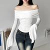 Y2k estetyczne damskie przezroczyste koszulki głęboki dekolt z długim rękawem jednokolorowe t-shirty na co dzień Vintage Off Shoulder seksowne urocze koszulki