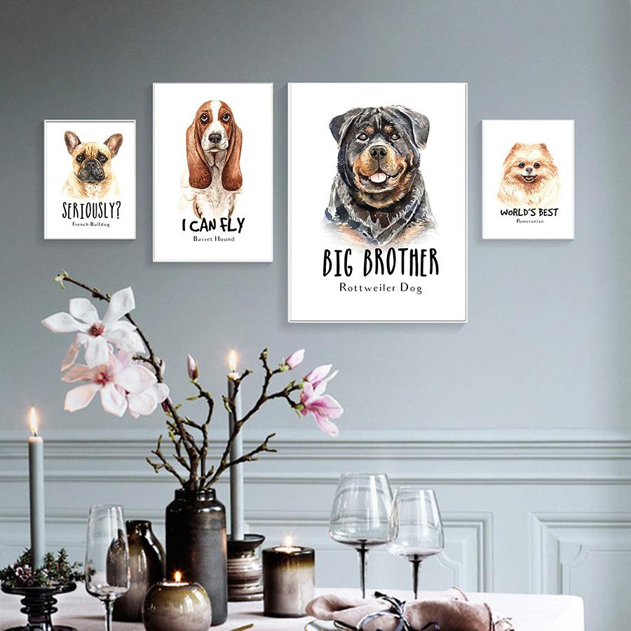 Nordic Simple Cute Dog Basset Hound Rottweiler Pomeranian French Bulldog Text Mural Living Room Sofa Wall Decoration Frameless