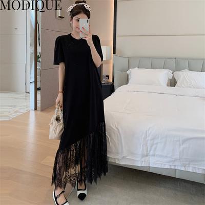 MODIQUE Summer Plus Size Women Loose Versatile A-Line Solid Color Patchwork Lace Pleated Cotton T-Shirt Long Dresses Female Casual Short Sleeve Dress